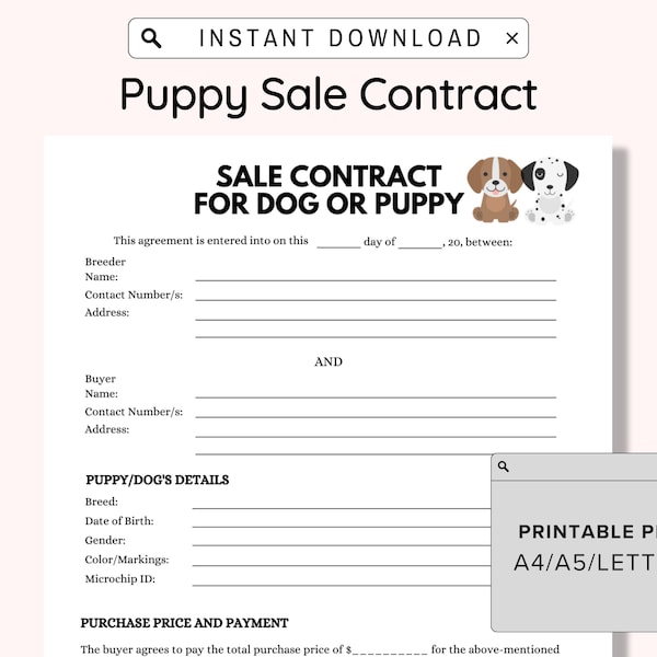 Puppy Sales Contract Printable, Puppy Deposit Contract, Puppy Sale Contract Editable,  Puppy Contract Template, Canva, PDF