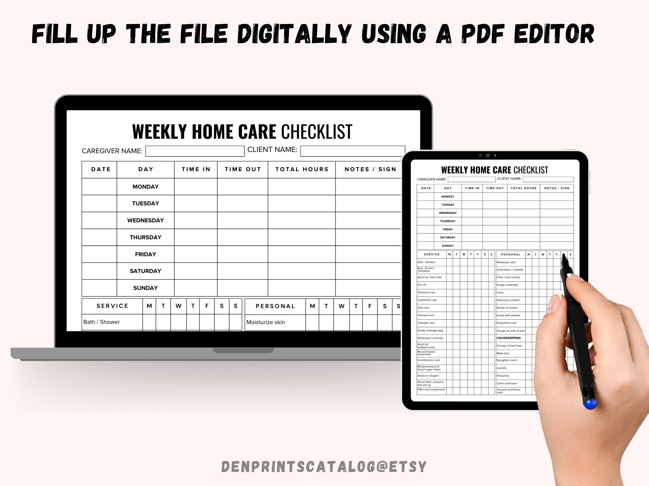Weekly Home Care Checklist Printable, Monday Start, Caregiving Elderly
