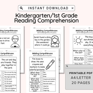 Feuilles d'exercices pour la compréhension de l'écrit en première année imprimables, école à la maison, apprentissage à la maison, enseignante de maternelle 1re année, enfants, téléchargement immédiat au format PDF
