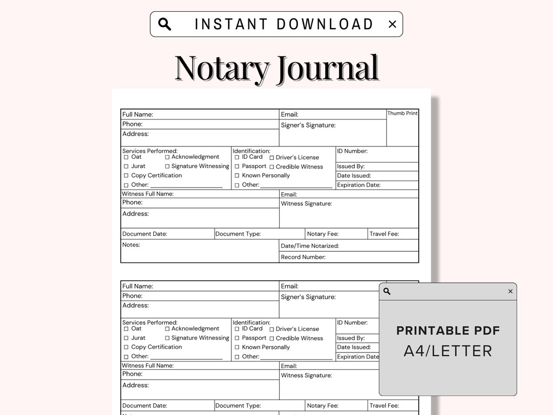 Printable Notary Journal, Notary Public Record Book to Log Notarial ...