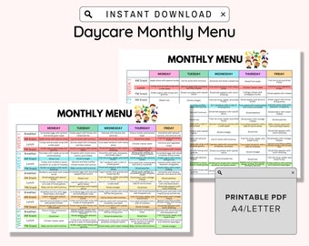 Home Daycare Monthly Menu Printable, Editable Daycare meal planner, Preschool Menu, Home School Meal Planner,Daycare Template, Editable Meal