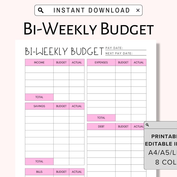 EDITABLE Biweekly Budget Planner, Bi-weekly Template, PDF Printable Paycheck Budget Tracker, Finance Planner, Zero Based, Sheet Binder