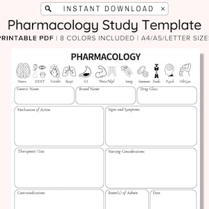 Modello di farmacologia per la scuola infermieristica / Mappa di farmacologia stampabile / Appunti di infermieristica / NCLEX / Guida allo studio per studenti infermieristici / Modello di infermieristica