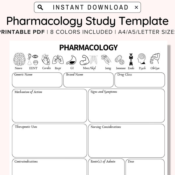 Nursing School Pharmacology Template | Printable Pharmacology Map | Nursing Notes | NCLEX | Nursing Student Study Guide | Nursing Template