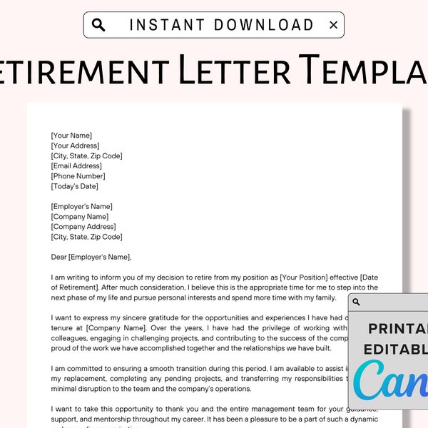 Professional Retirement Letter Template Printable, Editable Retirement Notice in Canva, PDF Instant Download