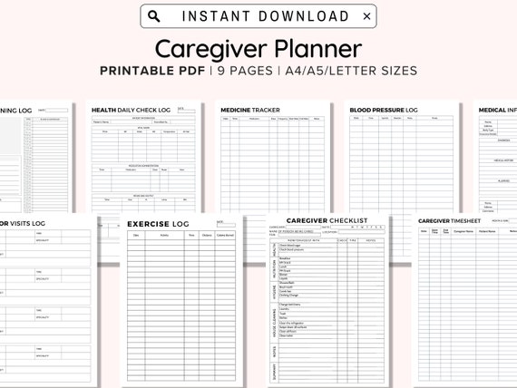 Printable Caregiver Daily Task, Caregiving Checklist Elderly Care Caregiver Schedule, Caregiving Forms, Medication Log, Blood Pressure Log