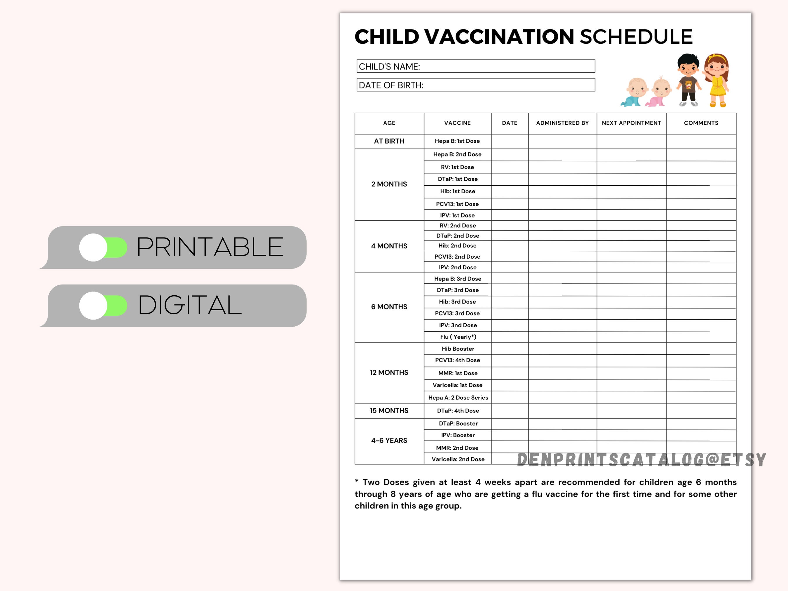 Child Vaccination Schedule Printable, Immunization Record, Vaccine