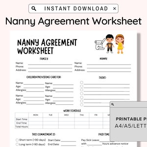 Nanny Agreement Worksheet Printable, Printable Nanny Contract Template, One Page Nanny and ...