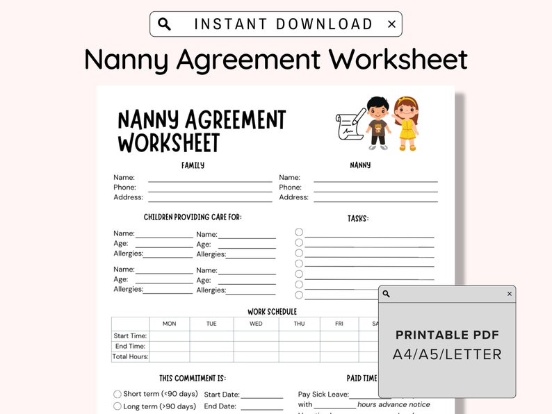 Nanny Agreement Worksheet Printable, Printable Nanny Contract Template ...