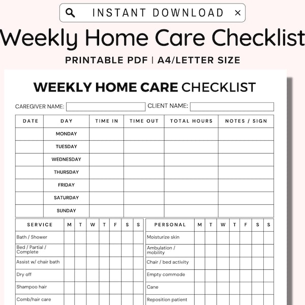 Weekly Home Care Checklist Printable, Monday Start, Caregiving Elderly Care Checklist, Printable Template for Caregivers, Care log Template