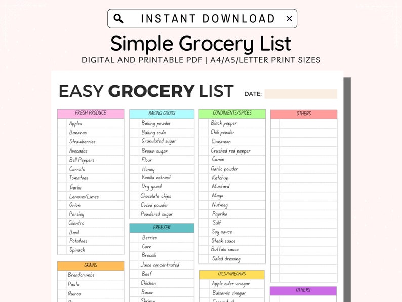 Simple Grocery List Printable Easy Grocery List Printable - Etsy