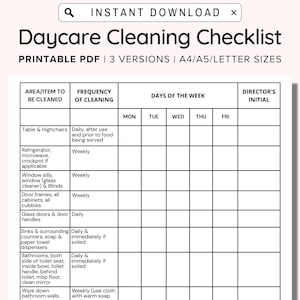 Daycare Cleaning Checklist, Childcare Cleaning Checklist, Daycare Cleaning Schedule, Printable Daycare Forms, Printable Cleaning Logsheet