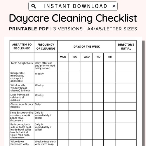 Daycare Cleaning Checklist, Childcare Cleaning Checklist, Daycare Cleaning Schedule, Printable Daycare Forms, Printable Cleaning Logsheet