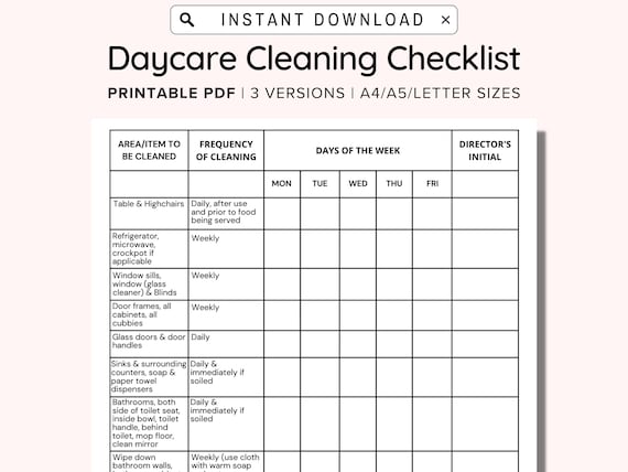 Day Care Cleaning Checklist Printable Cleaning Checklist Printable