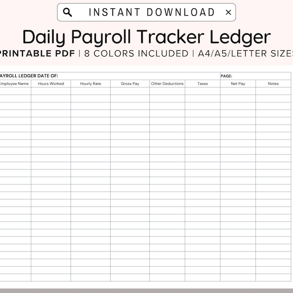 Small Business Daily Payroll Tracker Printable, Ledgers For Hourly and Commissioned Rates PDF Digital Download A4/A5/Letter