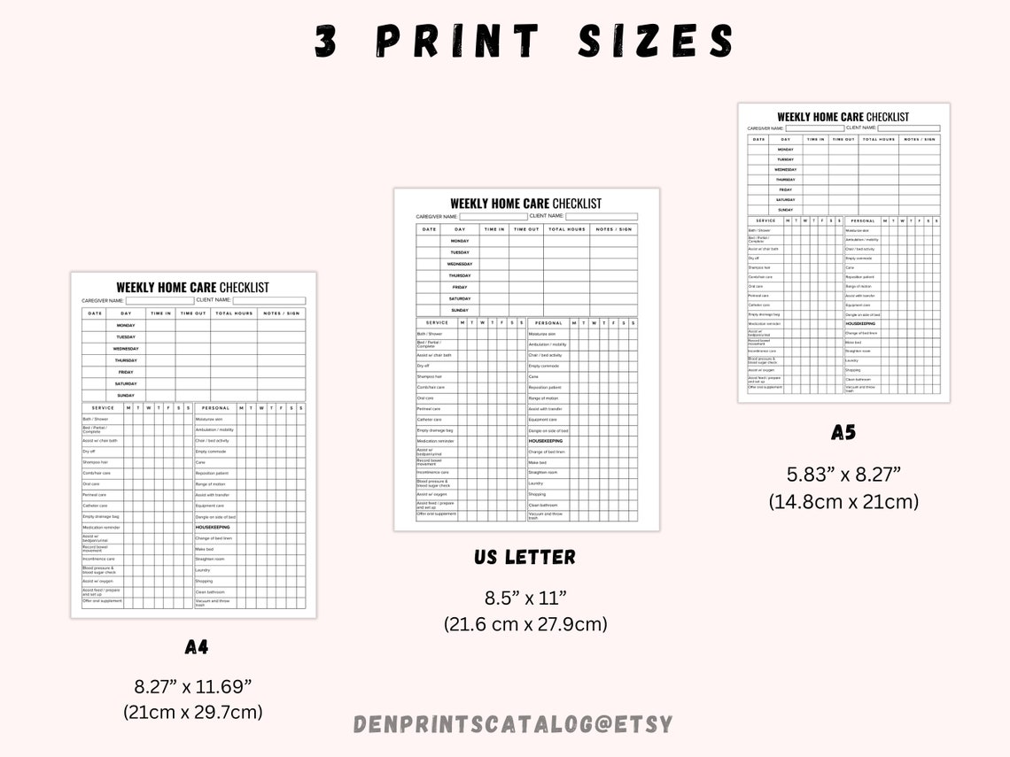Weekly Home Care Checklist Printable, Monday Start, Caregiving Elderly