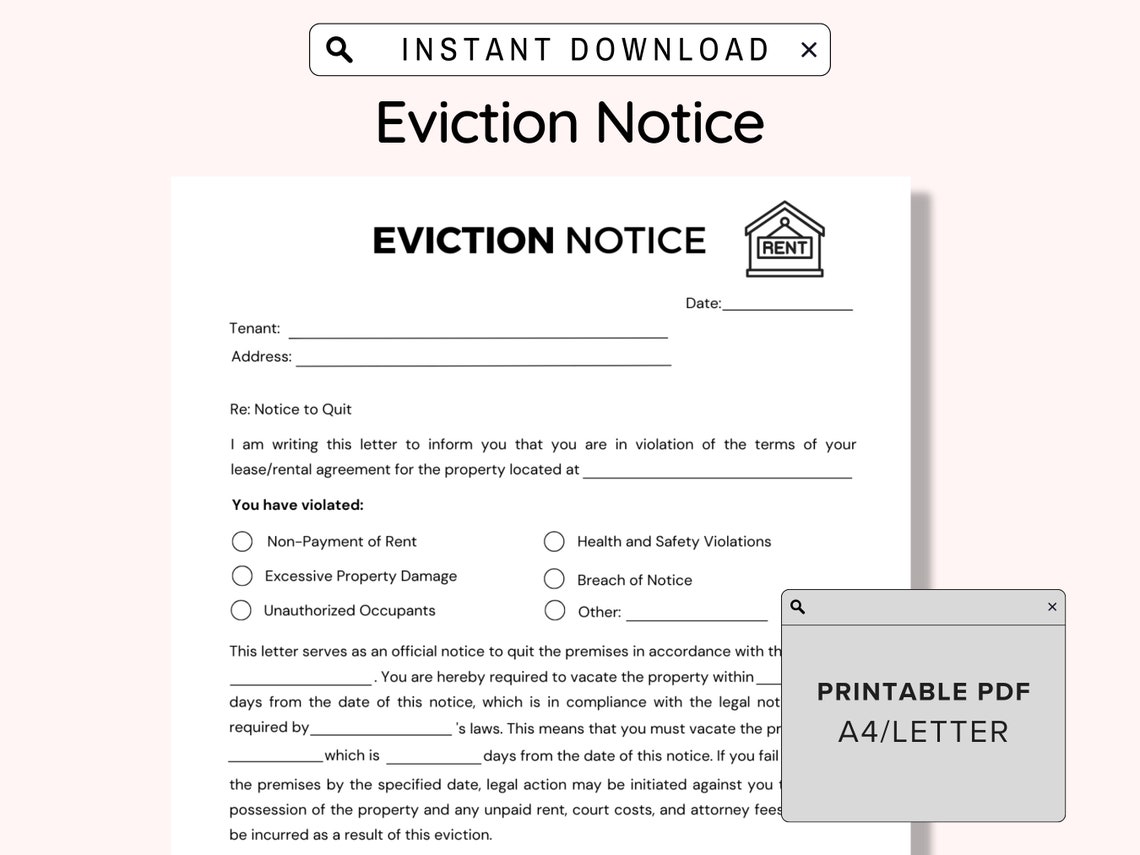 Eviction Notice Printable, Lease Termination Form, Editable Notice to