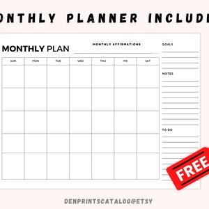 May include: A printable monthly planner with sections for goals, notes, to-do list, and a calendar grid with days of the week labeled. The planner is free and has the text "FREE" in a red tag.