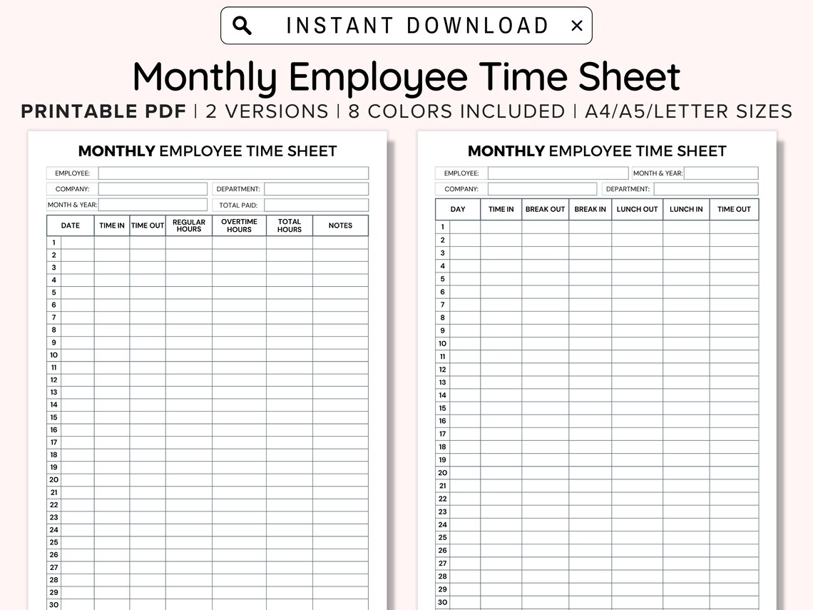 Monthly Employee Timesheet Printable Timesheet Form Employee - Etsy Canada