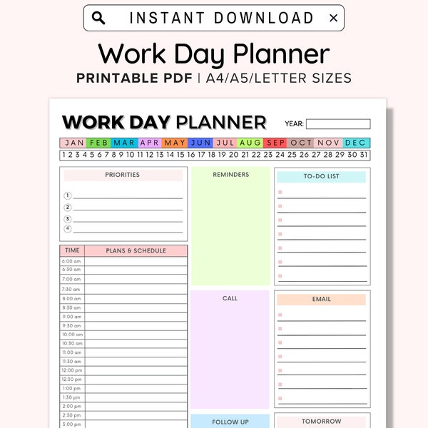 Daily Planner Printable, Work Day Organizer, Work from home To Do List, Printable Business Planner, Office Organizer, Digital Work Schedule