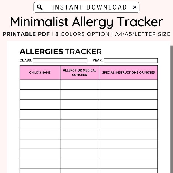 Daycare Allergy Tracker Printable, Chart Allergy Events Symptoms & Severity of Allergic Reactions,Allergy List, Allergy Log, Health Record
