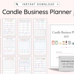 Puede incluir: Un planificador de negocios de velas 2027 en formato PDF imprimible de 20 páginas tamaño US Letter. El diseño incluye varias hojas de seguimiento para calidad de lotes, pedidos, gastos, ingresos, objetivos de ventas y fórmulas con iconos.