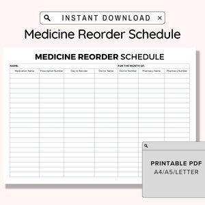 Printable Medicine Reorder Prescription Refill Tracker, Print and Write PDF Digital, Nurse Sheet, Caregiver Forms, Medication Tracker