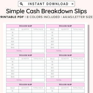 Cash Breakdown Slips Printable, Bank Teller Slips, Cash Withdraw Slips, Cash Budgeting, Cash Envelope Bank Slip, Cash Expense Sheet Tracker