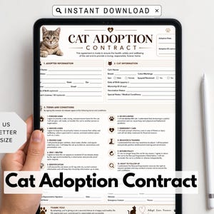 May include: A digital cat adoption contract displayed on a tablet screen. The document features a brown tabby cat image, sections for adopter and cat information, and ten numbered terms and conditions. The text includes Cat Adoption Contract.