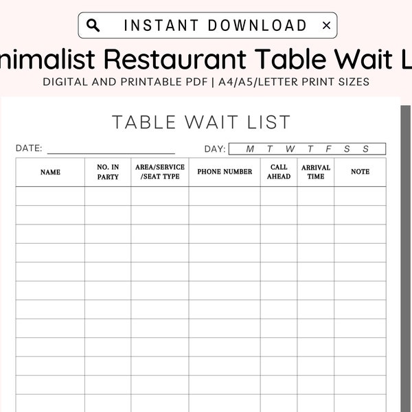 Restaurant Table Wait List Printable, Waiting List printable, Restaurant wait list, Waiting log book, A4/A5/Letter PDF Instant Download