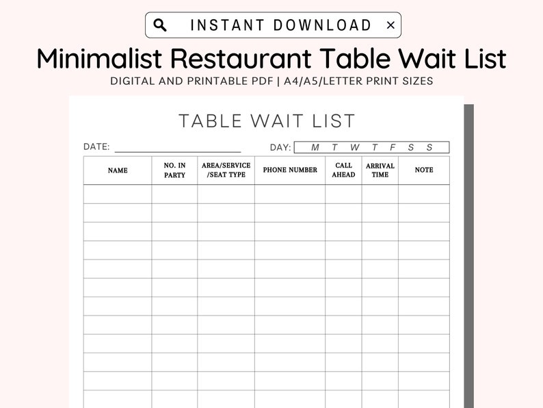Restaurant Table Wait List Printable, Waiting List Printable
