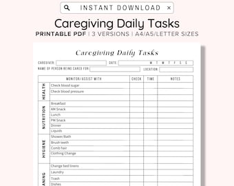 Caregiving Daily Tasks Log Printable, Elderly Care Caregiving Checklist, Daily cleaning, Daily Tasks, Housekeeping, Care log Template, PDF