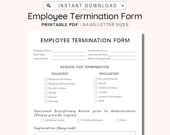 Employee Termination Form, Printable Employee Termination Form, Editable Employee Termination Form, Business Tools, Procedure For Employees