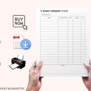 Puede incluir: Un formulario de pedido de camiseta imprimible con columnas para el nombre, la informaci&oacute;n de contacto, la talla, el color, la cantidad y las notas. El formulario est&aacute; dise&ntilde;ado para ayudar a organizar y realizar un seguimiento de los pedidos de camisetas.