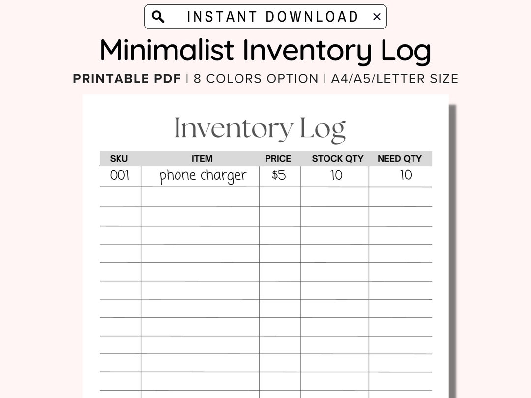 Printable inventory log management form inventory sheet small