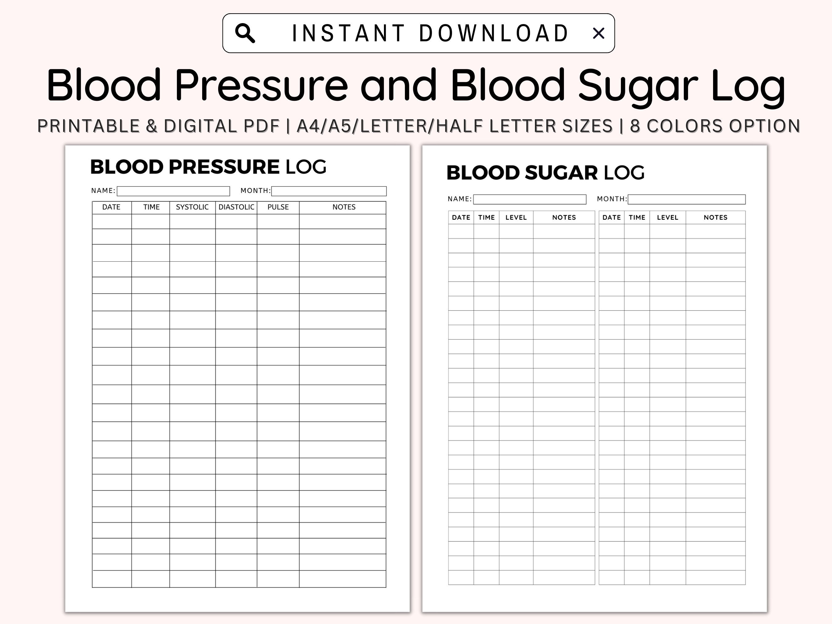 Blood Sugar Log Printable Blood Pressure Log Printable Blood Etsy