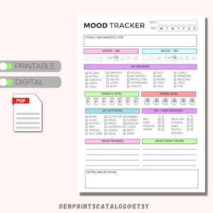 K&ouml;nnte beinhalten: Ein druckbarer Stimmungs-Tracker mit Abschnitten f&uuml;r t&auml;gliche Dankbarkeit, Stimmung, Gef&uuml;hle, Energieniveau, Stresslevel, Aktivit&auml;ten und Reflexionen. Der Tracker ist in einem rosa, blauen und gr&uuml;nen Farbschema gestaltet.