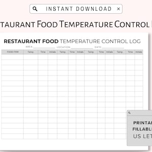 Hoja de control de temperatura de alimentos para restaurantes imprimible, PDF rellenable, descarga instantánea digital, carta de EE. UU., registro de seguridad.