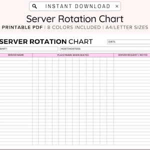 Printable Server Rotation Chart, Server Chart Board, Seating Chart Template, Server, Restaurant Rotation, Instant Download, PDF