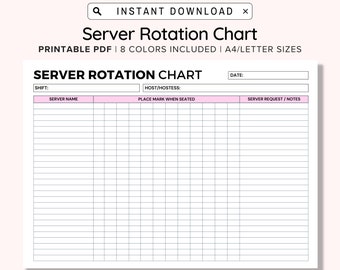 Printable Server Rotation Chart, Server Chart Board, Seating Chart Template, Server, Restaurant Rotation, Instant Download, PDF
