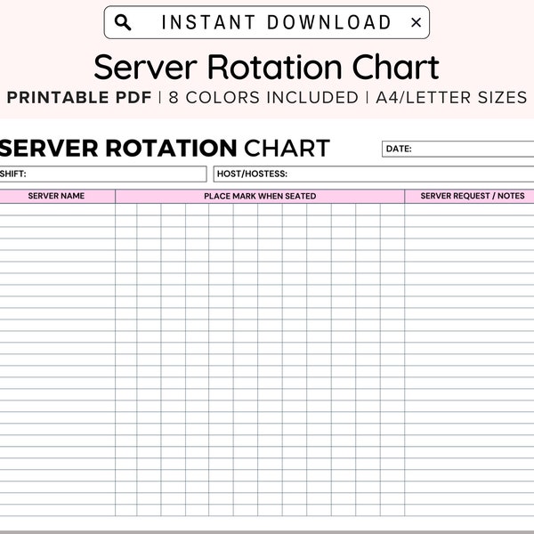 Printable Server Rotation Chart, Server Chart Board, Seating Chart Template, Server, Restaurant Rotation, Instant Download, PDF