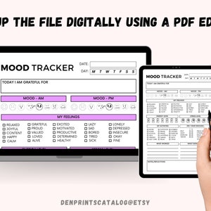 K&ouml;nnte beinhalten: Ein schwarz-wei&szlig;es Mood-Tracker-Druckmuster mit einem rosa-wei&szlig;en Farbschema. Das Druckmuster enth&auml;lt Abschnitte zum Verfolgen von Stimmung, Energieniveaus, Aktivit&auml;ten und Dankbarkeit. Der Text "MOOD TRACKER" befindet sich oben auf dem Druckmuster.
