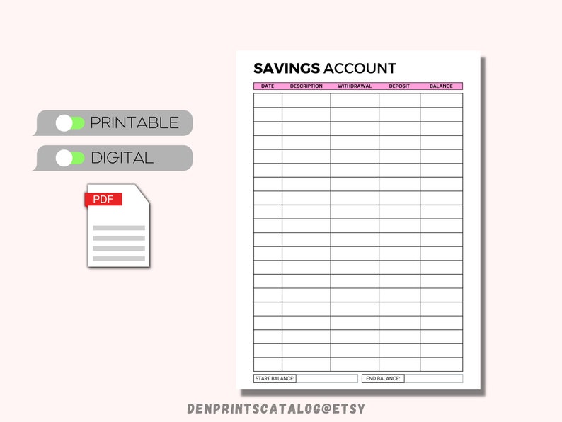 Savings Account Sheet Printable Personal Savings Tracker - Etsy