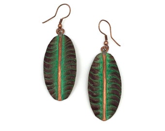 Copper Patina Topical Green Leaf Contemporary Handmade Artisan Cuff Earrings by Anju