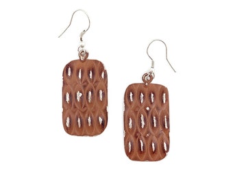Copper Patina Earrings - Rust Color Feathers Print Design -  Artisan Rustic Boho