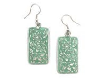 Copper Patina Earrings - Light Green, Flower & Leaves Design - Artisan Boho Dangles
