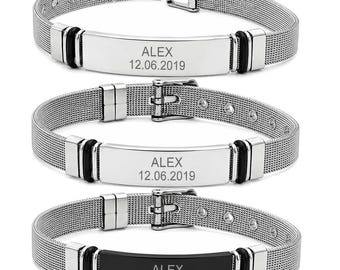 Personalised Bracelet Engraved Stainless Steel Mesh ID Band (Silver or Black and Silver)