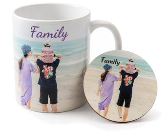 Personalised Photo Mug & Coaster Set Custom Family Gift (11oz Ceramic, 9cm Hardboard)