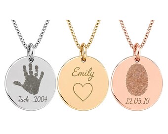 Personalised Disc Necklace Engraved Initial, Name, Handwriting (2cm or 1.5cm)