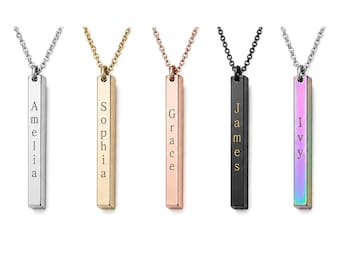 Personalised 3D Bar Necklace Engraved Family Names, Dates
